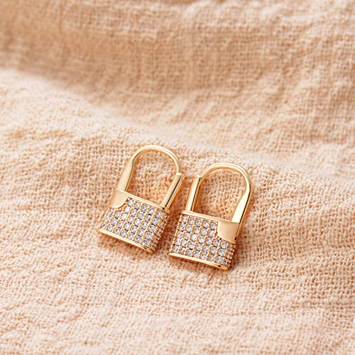 Huggie Hoop Earrings 14K Gold Plated Cubic Zirconia Dainty Simple Cute Beads Elegant CZ Circle Small Hoop Earring for Women Minimalist Handmade Hypoallergenic Jewelry - color: CZ-Lock B
