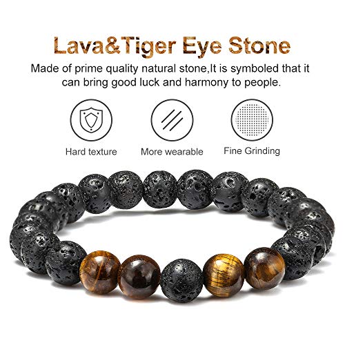 M MOOHAM Mens Bracelet - Beaded Natural Stone 8mm Tiger Eye Matte Agate Lava Rock Bracelets for Men Teen Boys Grandpa Dad Birthday Gifts Jewelry - style: Lava Rock&Yellow Tiger Eye Bracelets