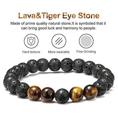 M MOOHAM Mens Bracelet - Beaded Natural Stone 8mm Tiger Eye Matte Agate Lava Rock Bracelets for Men Teen Boys Grandpa Dad Birthday Gifts Jewelry - style: Lava Rock&Yellow Tiger Eye Bracelets