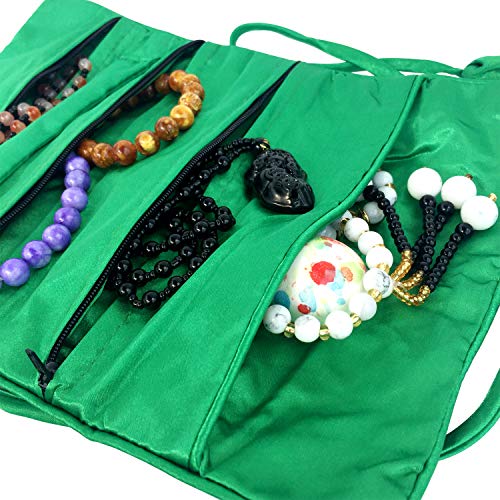 Travel Jewelry Roll Bag - Silk Embroidered Brocade Pouch for Rings, Necklaces, Earrings, Bracelets | Lightweight & Tie Closure (Dark Green) - color: Dark Green