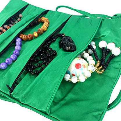 Travel Jewelry Roll Bag - Silk Embroidered Brocade Pouch for Rings, Necklaces, Earrings, Bracelets | Lightweight & Tie Closure (Dark Green) - color: Dark Green