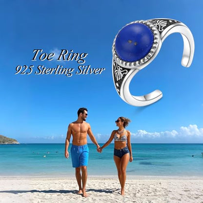 Alphm 925 Sterling Silver Toe Ring for Women Adjustable Open Toe Ring Foot Jewelry Gift - color: White-Lapis Lazuli