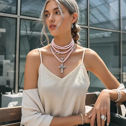 Bocar Gothic Cross Layered Pearl Necklace Chunky Statement Stacked Necklace Y2K Silver Layered Necklace for Women (NK-10769) - color: Pink