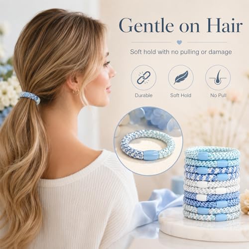 10-Piece Hair Ties: Soft Knitted Hair Tie for Thick/Coarse/Curly Hair. Gentle Hair Ties No Damage—Secure & Protect Strands (Blue) - color: Blue