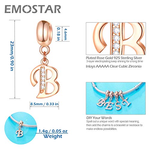 EMOSTAR Letter Charms Initial A-Z Alphabet Beads, Rose Gold 925 Sterling Silver Dangle CZ Birthstone Pendant, Gifts for European Charm Bracelet/Mothers Day/Birthday - color: Letter B