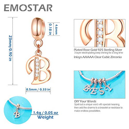 EMOSTAR Letter Charms Initial A-Z Alphabet Beads, Rose Gold 925 Sterling Silver Dangle CZ Birthstone Pendant, Gifts for European Charm Bracelet/Mothers Day/Birthday - color: Letter B