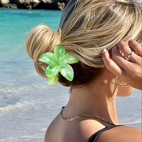 Large Hawaiian Flower Hair Claw Clips for Women, 4Pcs Tropical Plumeria Hair Clips for Thick and Thin Hair, Strong Hold Marble Texture Nonslip Beach Hair Claw Clips Summer Hair Accessories Gift - color: Fresh Blossom