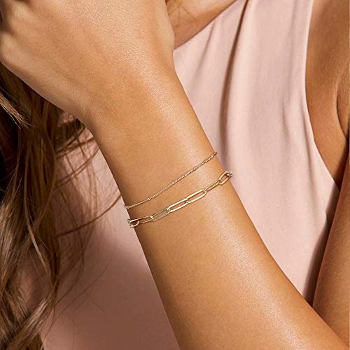 Dainty Gold Bracelets for Women, 14K Gold Plated Adjustable Layered Beads Bracelet Cute Evil Eye Oval Chain Pearl Bar Turtle Gold Bracelets for Women Jewelry - style: "Beads Chain&Oval chain