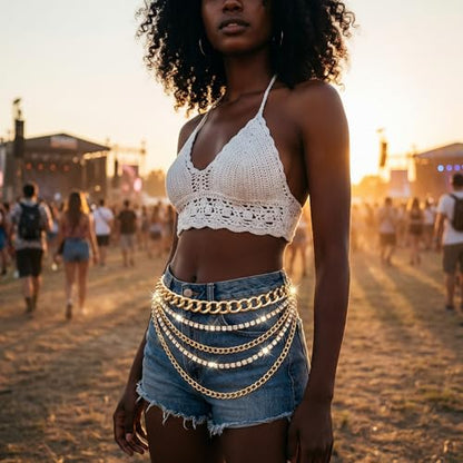 Waist Chain for Women - Silver Body Chain Crystal Body Jewelry, Stylish Adjustable Belt for Summer Beach Bikini Rave Festival Outfit Accessories - color: Gold-1