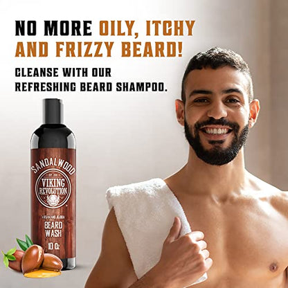 Beard Wash & Beard Conditioner Set w/Argan & Jojoba Oils - Softens & Strengthens - Natural Sandalwood Scent - Beard Shampoo w/Beard Oil (10oz) | Formulated with Argan & Jojoba Oils - Softens & Strengthens Beard - Sandalwood Scent - size: 10 Fl Oz (Pack of