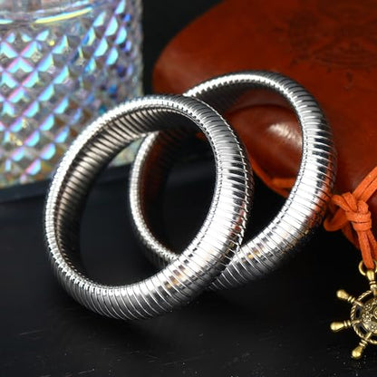 Gold Chunky Stretch Snake Chain Bangle Bracelets Stack for Women Trendy, 18K Gold Filled Stainless Steel Stretchy Womens Stackable Wristband Bangles Bracelet Set - style: SILVER 20MM 2PCS