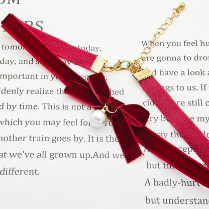 Bow Necklace for Women Red Bow Choker Black Ribbon Necklace Pearl Velvet Lace Necklaces Cute BowKnot Necklaces for Christmas Gifts - color: red C