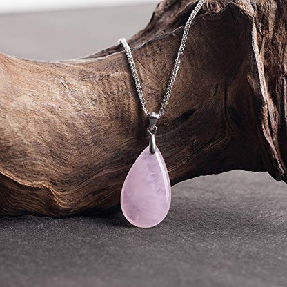 iSTONE 925 Sterling Silver Natural Crytral for Womens Pendant Necklace, Gemstone Birthstone with 17.8" Silver Chain Ladies - color: Rose Quartz