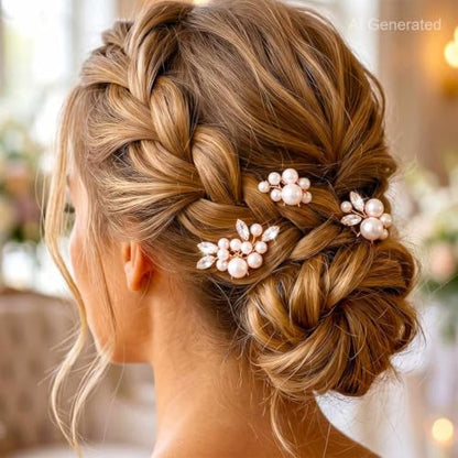 Heread Pearl Bride Wedding Hair Pins Crystal Bridal Headpiece Hair Accessories for Women and Girls (Pack of 3) - color: Rose Gold