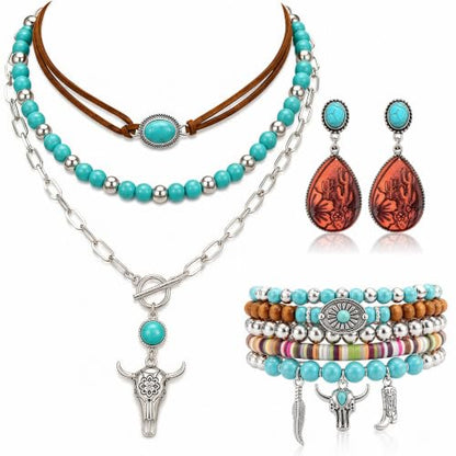 3Pcs Western Turquoise Jewelry Set Necklace Earrings Bracelet | Western Boho Style | Turquoise Beaded | Ox-Head Pendant | Layered Necklace | Faux Leather Cuff | Personalized Gift - color: Color-2