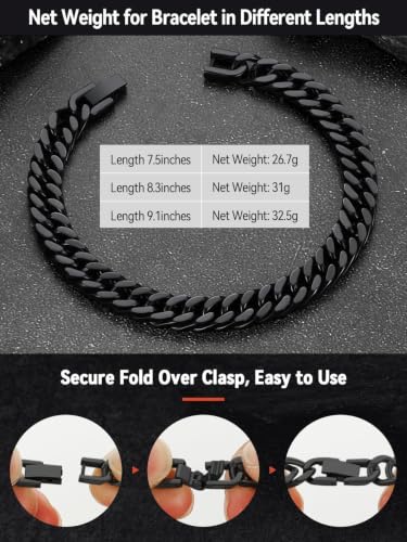 FaithHeart Mens Stainless Steel Cuban Link Bracelet, Tarnish Resistant | 6/8/12/17mm Silver/Black/Gold Sturdy Hip Hop Wrist Chain Bracelets Daily Wear with Gift Box, 7.5"/8.3"/9.1" Length - color: Black-8mm Width, size: Length 8.3 Inches