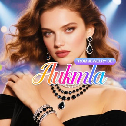 Aukmla Bridal Jewelry Set Silver Sparkly Choker Wedding Necklace Bracelet Earring Sets Prom Necklaces for Women and Brides - color: Black