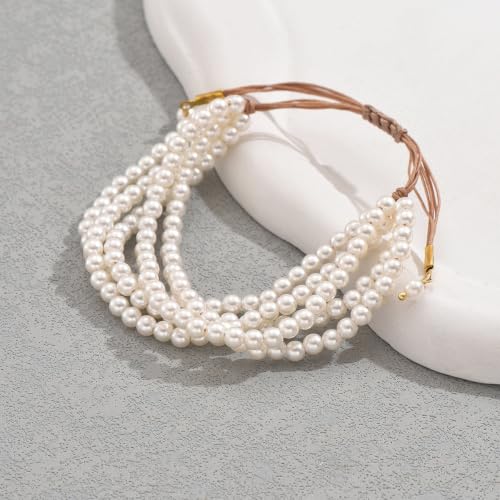 Layered Faux Pearl Bracelet, Adjustable Cord Beaded Bracelet for Women | Layered Faux Pearls; Adjustable Cord; Lightweight; Stackable Style; Everyday Fashion Bracelet