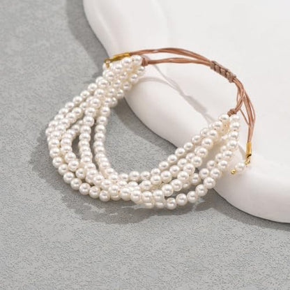 Layered Faux Pearl Bracelet, Adjustable Cord Beaded Bracelet for Women | Layered Faux Pearls; Adjustable Cord; Lightweight; Stackable Style; Everyday Fashion Bracelet