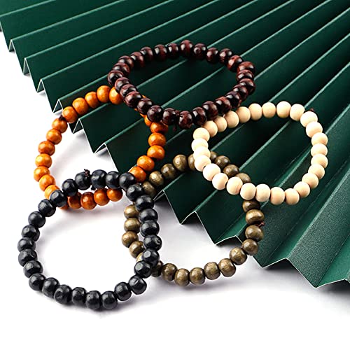 5 Pcs Wooden Beaded Bracelet Bangle for Men and Women Elastic - style: A: 8MM