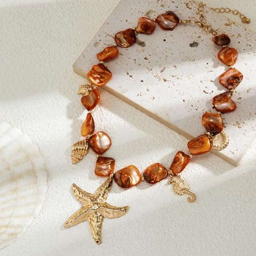 Boho Chunky Shell Necklace for Women Baroque Pearl Pendant Necklaces Irregular Shell Beaded Choker Necklace Trendy Vacation Jewelry Accessories - color: Brown2