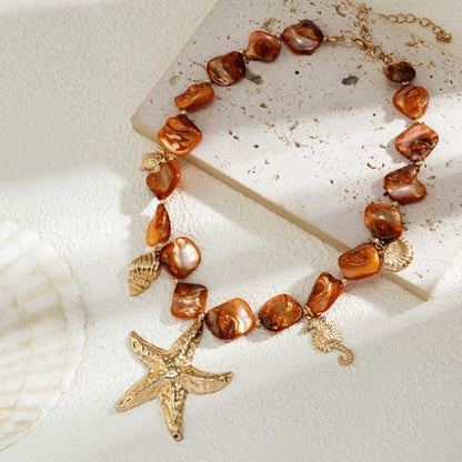 Boho Chunky Shell Necklace for Women Baroque Pearl Pendant Necklaces Irregular Shell Beaded Choker Necklace Trendy Vacation Jewelry Accessories - color: Brown2