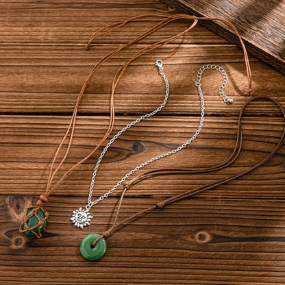 Crystal Holder Necklace for Women Natural Gemstone Crystal Pendant Necklace Handmade Boho Sun Necklace Summer Beach Jewelry Accessories - color: Green