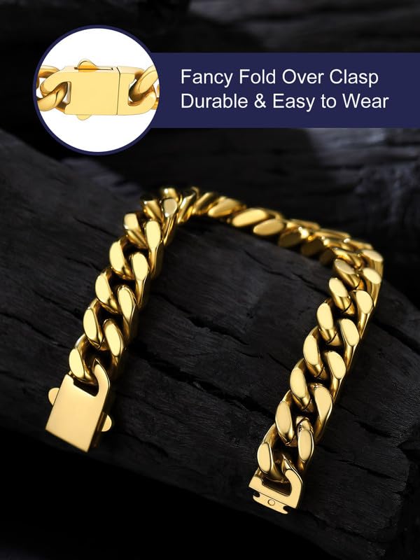 Bandmax Mens Hip Hop Cuban Link Bracelets 5/7/9/12MM Stainless Steel Miami Curb Chain Bracelet Silver/Gold Plated/Black Wristlet Chains for Men 7"-9" - color: 12 12MM-Gold