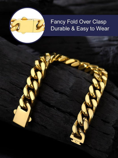 Bandmax Mens Hip Hop Cuban Link Bracelets 5/7/9/12MM Stainless Steel Miami Curb Chain Bracelet Silver/Gold Plated/Black Wristlet Chains for Men 7"-9" - color: 12 12MM-Gold