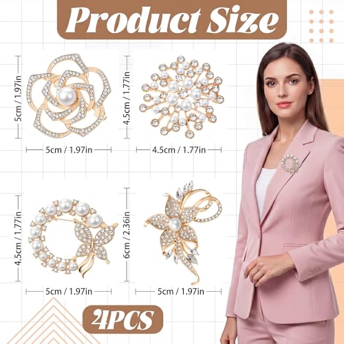 Brooches and Pins for Women 4 Pcs Flower Brooch Pins | Crystal Pearl Brooch Jewelry, Gold Rhinestone, Butterfly Floral Brooches, for Wedding Clothing, Accessory Fashion Jewelry