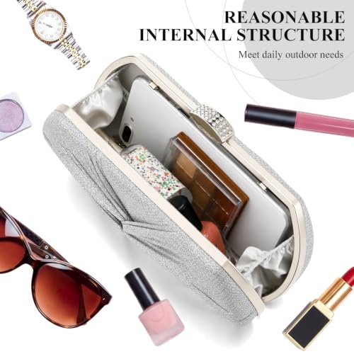 Quelay 4 Pcs Purse Rhinestone Jewelry Set Women | Wedding Bridal Prom Jewelry Sparkly Clutch Handbag with Necklace Bracelet Dangle Earrings Shiny Costume Kit - color: Silver, style: Twisted Pleated