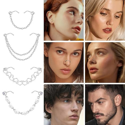 Stainless Steel Nose Rings Chain Horseshoe Nose Ring Body Piercing Jewelry | African Star Heart Studs Horseshoe Nose Cuff Septum Chain Body Piercing Jewelry Set for Women Men, Silver - color: Silver
