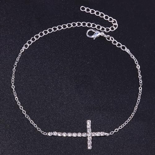 Fesciory Silver Ankle Bracelets for Women, Adjustable Rhinestone Pendant Tennis Anklet, Butterfly Heart Infinite Diamond Summer Beach Foot Chain Jewelry Gifts - style: Cross1