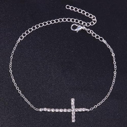Fesciory Silver Ankle Bracelets for Women, Adjustable Rhinestone Pendant Tennis Anklet, Butterfly Heart Infinite Diamond Summer Beach Foot Chain Jewelry Gifts - style: Cross1