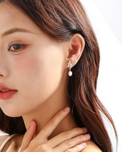 Pearl Earrings for Women, 14k Gold Plated Trendy Diamond Pearl Drop Earrings Bridal Shower Gifts Wedding jewelry for Women - color: Style A Gold
