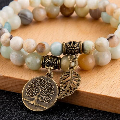 Bivei Natural Semi Precious Gemstone beads bracelet for women - Life Tree and Leaf Charm Energy Reiki Crystal Stretch Bracelets - color: Amazonite Bracelet Set, size: Large:7.87-8.26inch