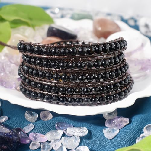 Genuine Stone Wrap Bracelets for Women Natural Crystal Beaded Wrap Bracelet 2/3/5 Adjustable Bohemian Bracelets Jewelry Gifts for Women Mom - color: black agate(5 wraps)