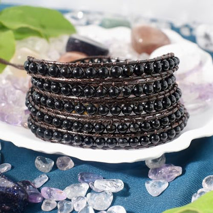 Genuine Stone Wrap Bracelets for Women Natural Crystal Beaded Wrap Bracelet 2/3/5 Adjustable Bohemian Bracelets Jewelry Gifts for Women Mom - color: black agate(5 wraps)