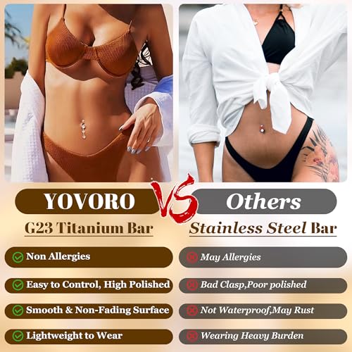 14G G23 Titanium Dangle Belly Button Rings for Women CZ Round Belly Rings Internally Threaded Flower Navel Ring Hypoallergenic Curved Barbell Belly Piercing Jewelry - style: CZ-Gold