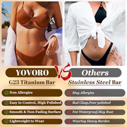 14G G23 Titanium Dangle Belly Button Rings for Women CZ Round Belly Rings Internally Threaded Flower Navel Ring Hypoallergenic Curved Barbell Belly Piercing Jewelry - style: CZ-Gold