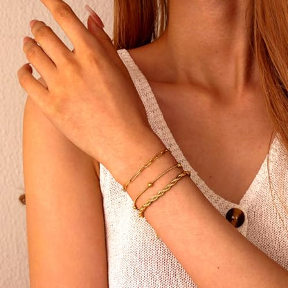 18K Gold Plated Necklace Bracelet Set Womens Stackable Adjustable Stainless Steel Minimalist Modern Everyday Jewelry Gift Gold and Silver - style: 6 Pcs Glod Bracelets