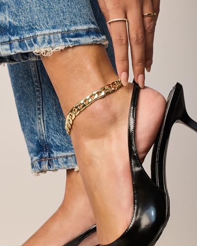 PAVOI 14K Gold Plated Chunky Curb Chain Anklet for Women | Lightweight Flat Curb Link Chain Anklets - color: White Gold