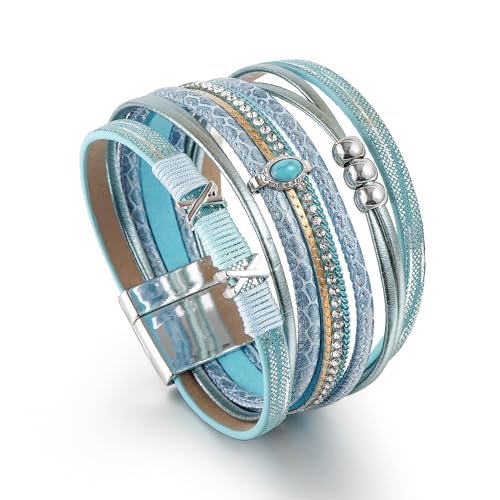 Edoneery Leather Wrap Bracelets for Women, Boho Layered Cuff Bangle | Multi-layer Leather Cuff, Daily wear, Stackable Bangle, Easy on-off, Western Jewelry Gifts for Women - color: Blue-2