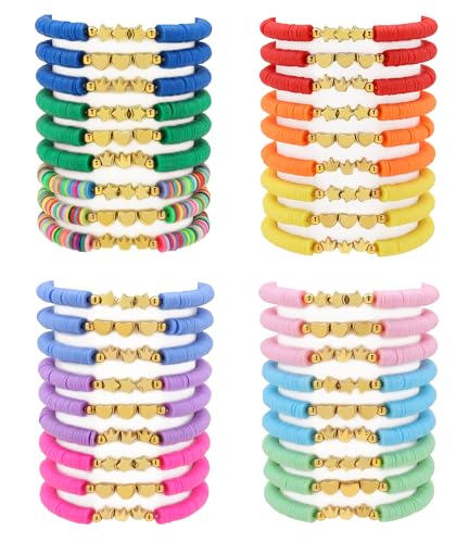 36 Pcs Preppy Friendship Bracelets for Teen Girls Heishi Cute Clay Beads Bracelets Bulk Colorful Heart Star Crown Friendship Surfer Bracelets Things Jewelry Gifts for Girls