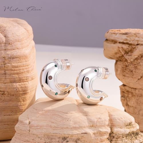 14K Sliver Plated Cubic Zirconia Chunky Open Hoops for Women Diamond Thick Post Huggie Earrings Infinity Loop Jewelry Gifts MCE-1033SL