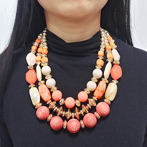 Bocar 3 Layer Chunky Statement Beaded Necklace and Earrings Set, Fashion Multi Layer Women Collar Necklace Jewelry Set - color: Coral Pink