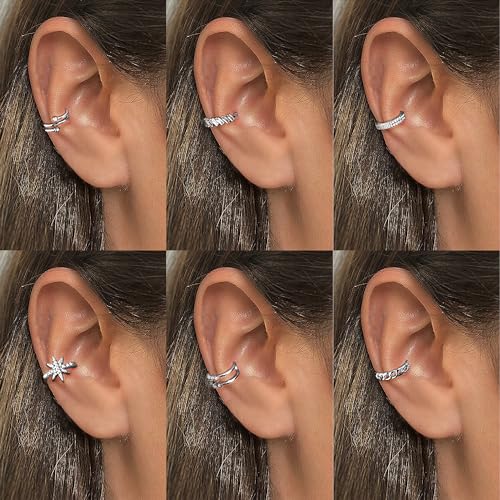 9Pcs Ear Cuff 14K Gold Plated Cuff Earrings Gold Ear Cuffs Non Pierced | Fake Conch Cartilage Earrings Ear-Clips Minimalist Non Piercing Delicate Clip-on Ear Cuffs Stackable Set - style: B-12pcs-Silver