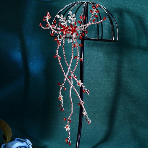 JHOO Rhinestone Hair Vine Comb, Bridal Wedding Hair Accessories,Silver Alloy Headpiece for Bridesmaids (Red) - color: Red