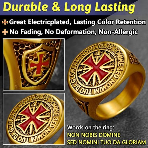 FaithHeart Mens Stainless Steel Crusader Jerusalem Cross Ring with 18K Gold Plated Two Tone Ring Size 7,8,9,10,11,12 - color: 06. Crusader Cross-Gold(Custom)