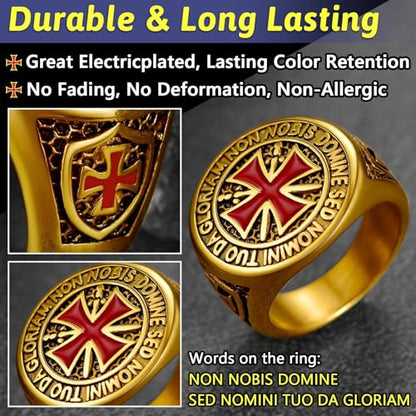 FaithHeart Mens Stainless Steel Crusader Jerusalem Cross Ring with 18K Gold Plated Two Tone Ring Size 7,8,9,10,11,12 - color: 06. Crusader Cross-Gold(Custom)